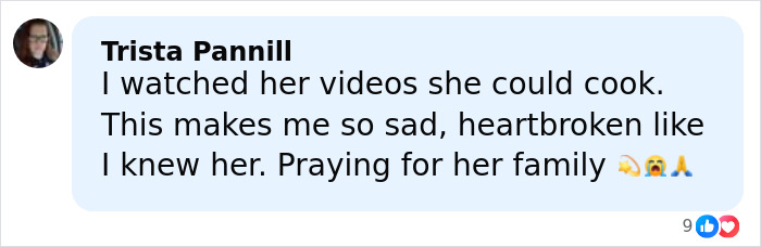 Comment expressing grief over celebrity chef's tragic accident, remembering her cooking skills and offering prayers for her family.