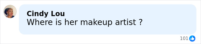 Comment on Meghan Markle's makeup-free look questioning the absence of her makeup artist in a social media post.