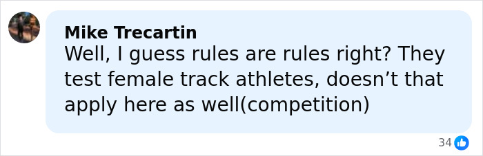 Comment discussing rules for female athletes in competition related to the world's strongest woman controversy. Comment discussing rules for female athletes in competition related to the world's strongest woman controversy.