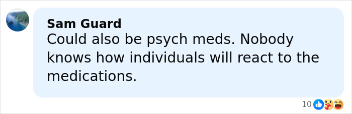 Screenshot of a Facebook comment by Sam Guard discussing unpredictable reactions to psych meds.