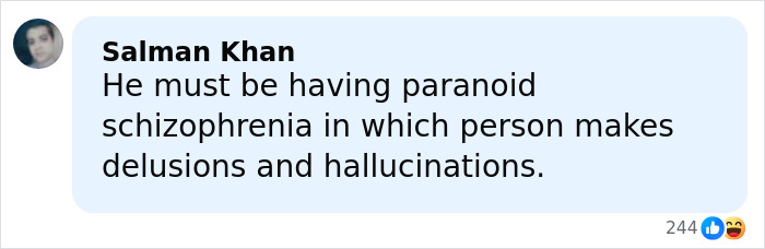 Comment by Salman Khan discussing paranoid schizophrenia causing delusions and hallucinations in a social media post.