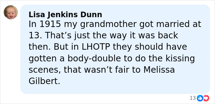 Comment discussing Melissa Gilbert feeling nauseated about the age gap with her on-screen husband when she was 15.