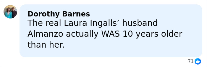 Comment on Melissa Gilbert&rsquo;s age gap with her on-screen husband discussed in an online post.