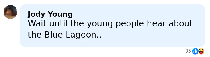 Comment by Jody Young expressing concern about young people hearing about the Blue Lagoon with emojis and reaction count.