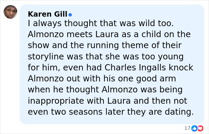 Comment about Melissa Gilbert and feeling nauseated over the age gap with her on-screen husband at 15 in a TV show.