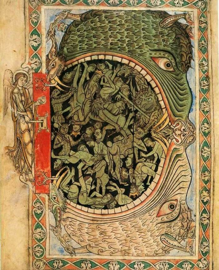 Medieval illustration depicting an angel unlocking a giant sea monster containing tortured souls, a very old object storytelling ancestors.