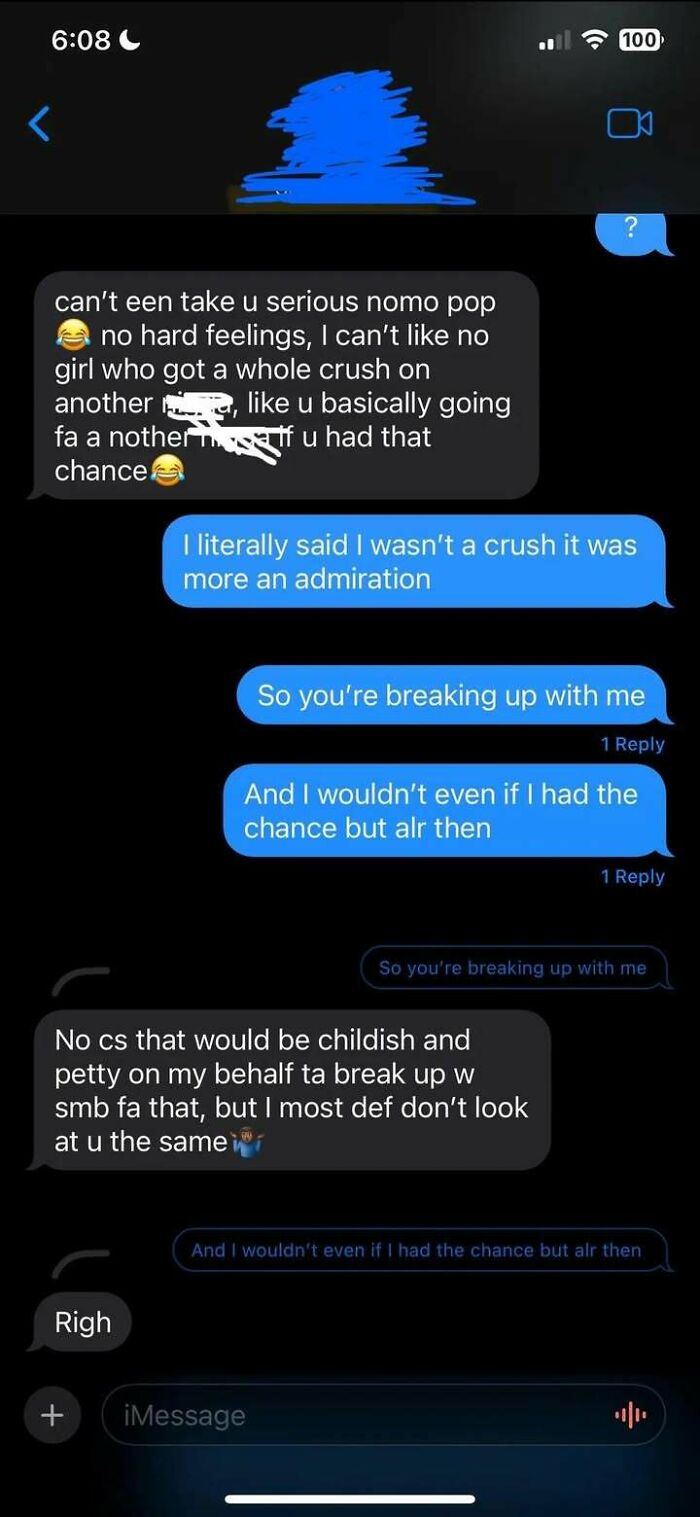 Text conversation showing a messy breakup discussion with emotional messages, reflecting messy times shared online instead of therapy.