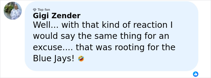 User comment by Gigi Zender with a laughing emoji, discussing reaction and Blue Jays support in a lighthearted online post.