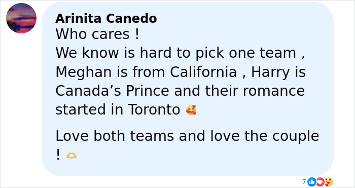 Comment discussing Meghan Markle and Prince Harry's romance origins and expressing love for both teams and the couple.