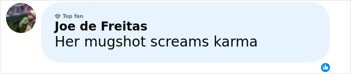 Comment on social media post showing text Her mugshot screams karma about former news anchor involved in tragic Halloween incident