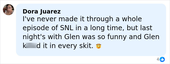 Screenshot of a Facebook comment praising Glenn Powell&rsquo;s performance on SNL, highlighting his humor and energy in every skit