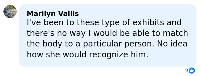 Facebook comment by Marilyn Vallis discussing difficulty in identifying skinned body exhibits related to Las Vegas museum claims.