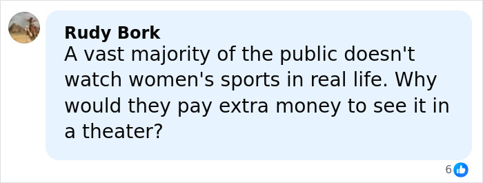 Comment on Christy box office flop by user Rudy Bork questioning public interest in women's sports in theaters. Comment on Christy box office flop by user Rudy Bork questioning public interest in women's sports in theaters.