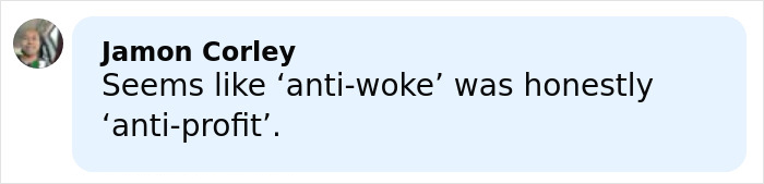 Comment from Jamon Corley about anti-woke and anti-profit, alongside a profile picture of a smiling person with blurred background. Comment from Jamon Corley about anti-woke and anti-profit, alongside a profile picture of a smiling person with blurred background.