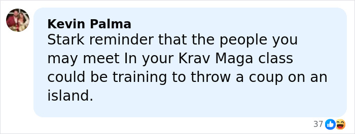 Screenshot of a social media comment warning about two men arrested over a plan involving a foreign island coup.