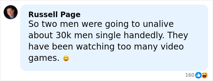 Comment by Russell Page about two men planning to sail to a foreign island and execute others, referencing video games.