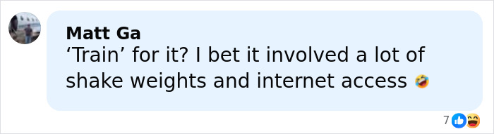 Screenshot of a social media comment joking about training involving shake weights and internet access, related to two men arrested case.