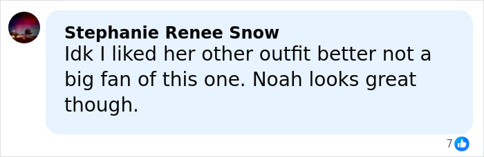 Comment by Stephanie Renee Snow discussing opinions on outfits, mentioning liking another outfit better than the lingerie with a train look.