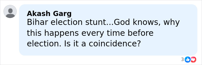 User comment on social media expressing concern over repeated incidents before Bihar election stunt discussion.