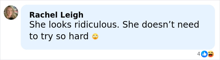 Comment from Rachel Leigh expressing disapproval of a racy outfit, mentioning it looks ridiculous and unnecessary.