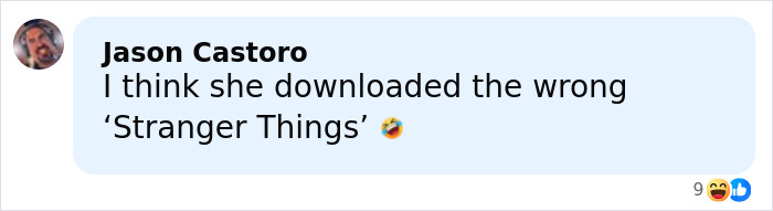 User comment about Stranger Things shared in a messaging app with a laughing emoji reacting to a red carpet look.