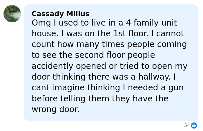 Comment by Cassady Millus describing accidental door opening incidents in a multi-family home, related to cleaning lady tragedy.