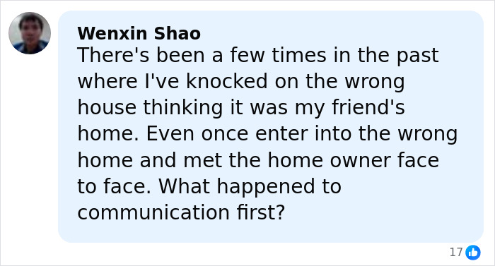 Comment by Wenxin Shao discussing knocking on the wrong house and communication issues related to an innocent mistake.