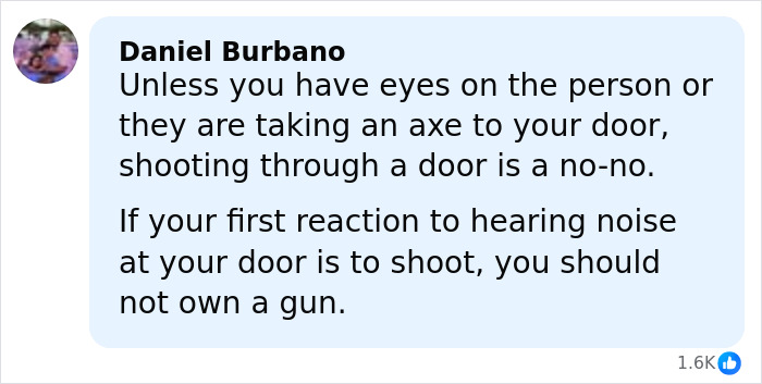 Comment by Daniel Burbano discussing gun safety and shooting through doors, emphasizing responsible gun ownership.