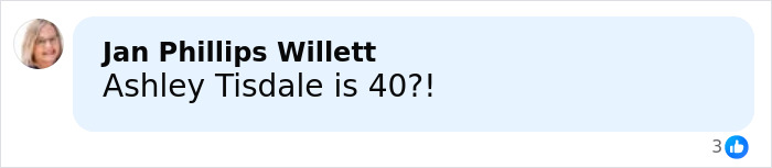 Comment about Ashley Tisdale's age reacting to her name change announcement on social media platform.