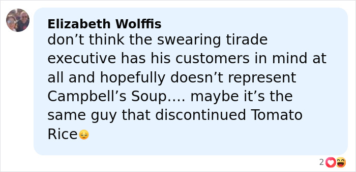 User comment about Campbell's soup executive's attitude and customer concerns shared in a social media post.