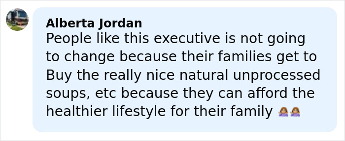 Comment from Alberta Jordan criticizing Campbell's executive about natural unprocessed soup ingredients and family health choices.