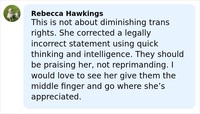 Comment by Rebecca Hawkings defending a BBC anchor disciplined for showing disgust on-air related to trans people.