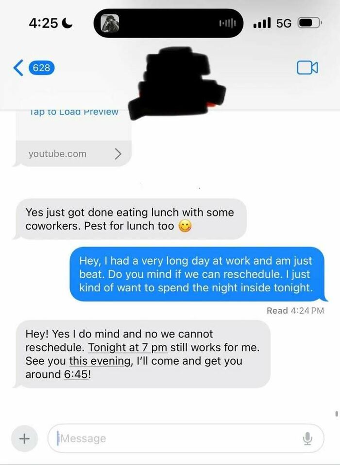 Screenshot of a text conversation showing a person overwhelmed and wanting to reschedule plans, highlighting messy times online.