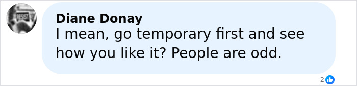 Comment from Diane Donay suggesting trying temporary freckles tattoo first before a permanent one, discussing impulsive decisions about face tattoos.