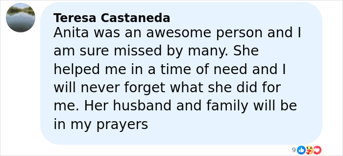 Facebook comment expressing condolences for Anita, reflecting on her impact and family prayers after a tragic event involving a former news anchor.