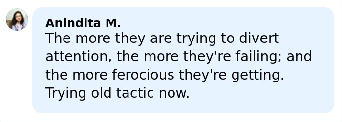 User comment by Anindita M. expressing frustration over failing diversion tactics amid terror plot unfolding in capital city blast.