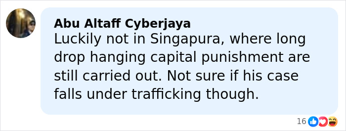 Comment discussing capital punishment and trafficking concerns, displayed in a social media format. Comment discussing capital punishment and trafficking concerns, displayed in a social media format.