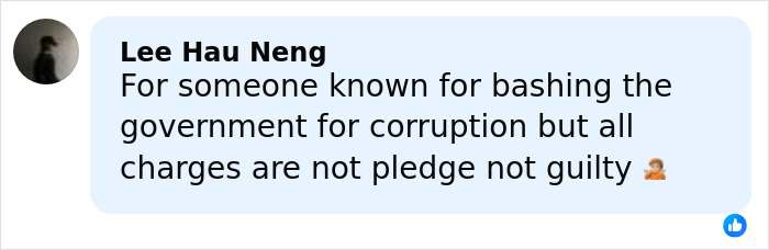 Comment on social media post discussing government corruption allegations against a person with a blurred profile photo. Comment on social media post discussing government corruption allegations against a person with a blurred profile photo.