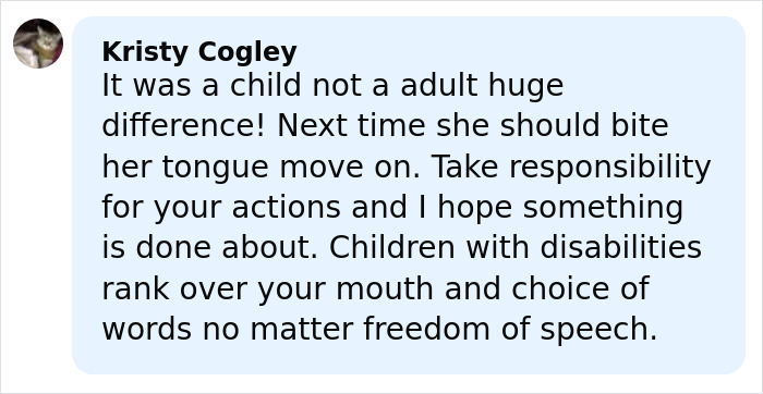 Comment by Kristy Cogley discussing the viral mom who called autistic boy the N-word in disturbing playground clash.