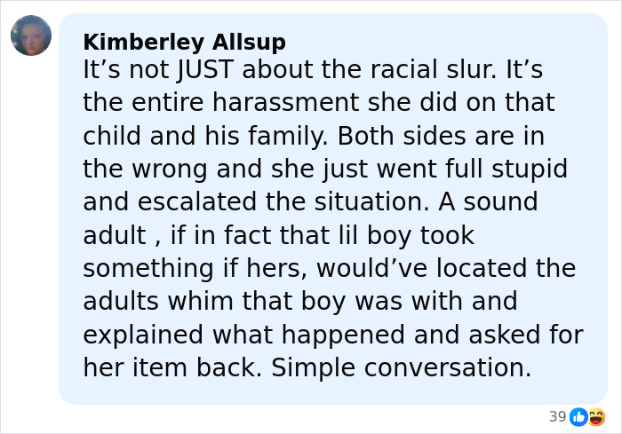 Screenshot of a Facebook comment discussing the viral mom who called autistic boy the N-word during a playground clash.