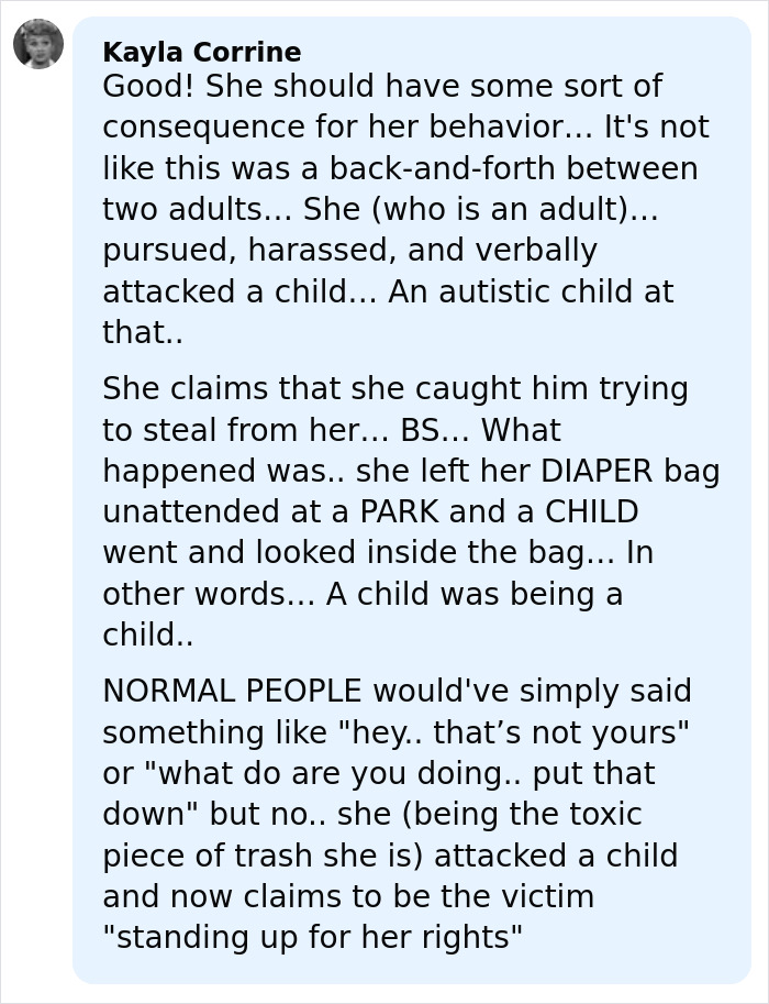 Comment by Kayla Corrine discussing the viral mom's behavior towards autistic boy in disturbing playground clash trial.