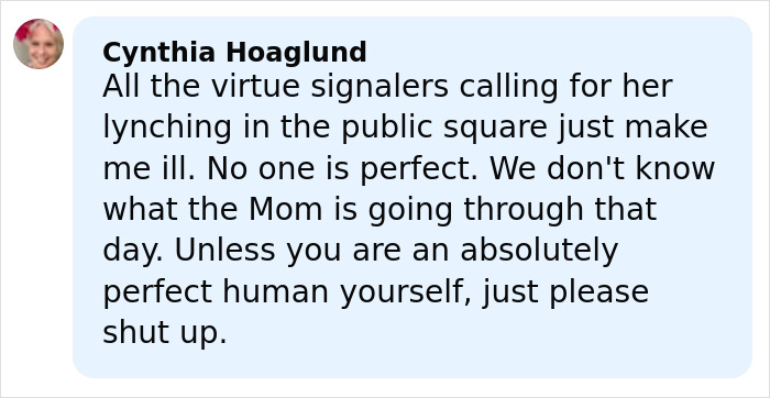 Comment from Cynthia Hoaglund defending viral mom involved in disturbing playground clash with autistic boy.