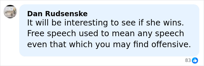 Screenshot of a social media comment discussing free speech in relation to viral mom facing trial for disturbing playground clash.