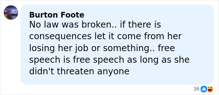 Comment from Burton Foote defending free speech and opposing legal consequences in a viral case involving a playground clash.