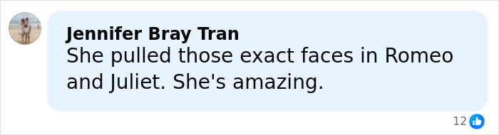 Comment by Jennifer Bray Tran praising an actress for her facial expressions in Romeo and Juliet on a social media post.