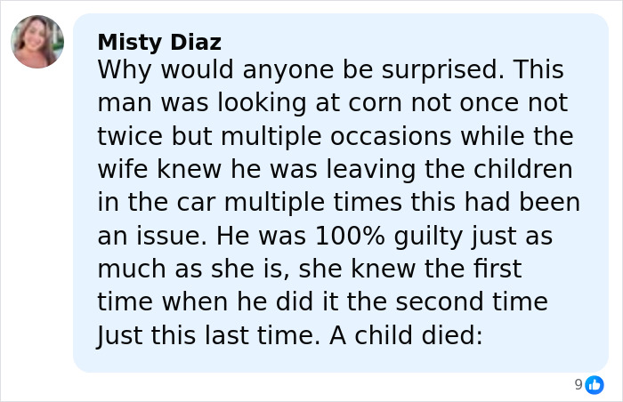 Comment discussing a father's guilt after leaving a child in a hot car while watching adult videos.