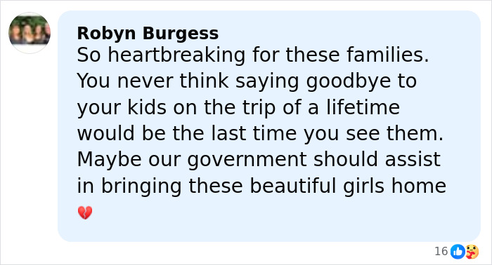 Comment expressing heartbreak from parents warning against travel after daughters lose their lives on vacation, criticizing government.
