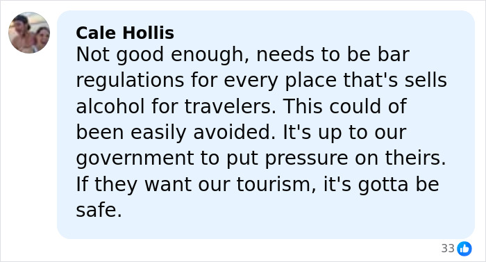 Comment by Cale Hollis urging government action for safer travel and stronger regulations to protect tourists.