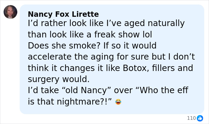 Comment on aging naturally versus cosmetic surgery, mentioning Botox and fillers, related to Linda Hamilton and Hollywood aging. Comment on aging naturally versus cosmetic surgery, mentioning Botox and fillers, related to Linda Hamilton and Hollywood aging.