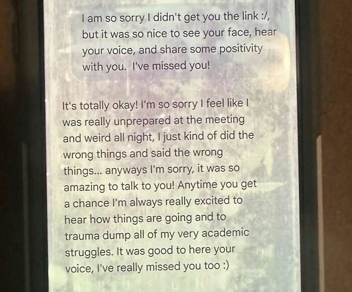 Handwritten note expressing emotional vulnerability and positivity, reflecting messy times shared instead of formal therapy sessions.